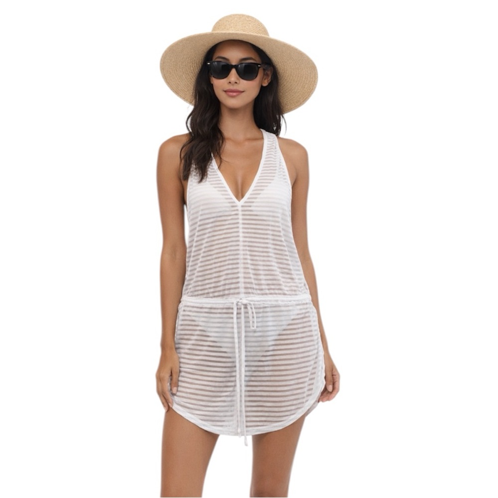 Miken Swim Women's White Sleeveless Pullover Tunic Beach Cover-Up Size Medium